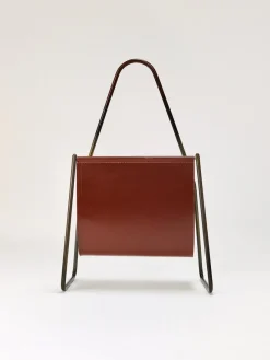 Pamono Mid-Century Magazine Rack in Brass & Brown Leather attributed to Carl Auböck, Austria, 1950s><noscript><img width=