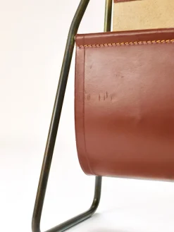 Pamono Mid-Century Magazine Rack in Brass & Brown Leather attributed to Carl Auböck, Austria, 1950s><noscript><img width=