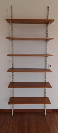 Hot Pamono Mid-Century Minimalist Bookcase with Adjustable Shelves in Yellow-Brown Wood and Book Supports for White Painted Iron Frame from Sparrings