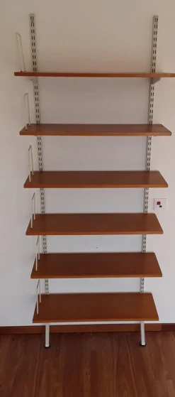 Hot Pamono Mid-Century Minimalist Bookcase with Adjustable Shelves in Yellow-Brown Wood and Book Supports for White Painted Iron Frame from Sparrings