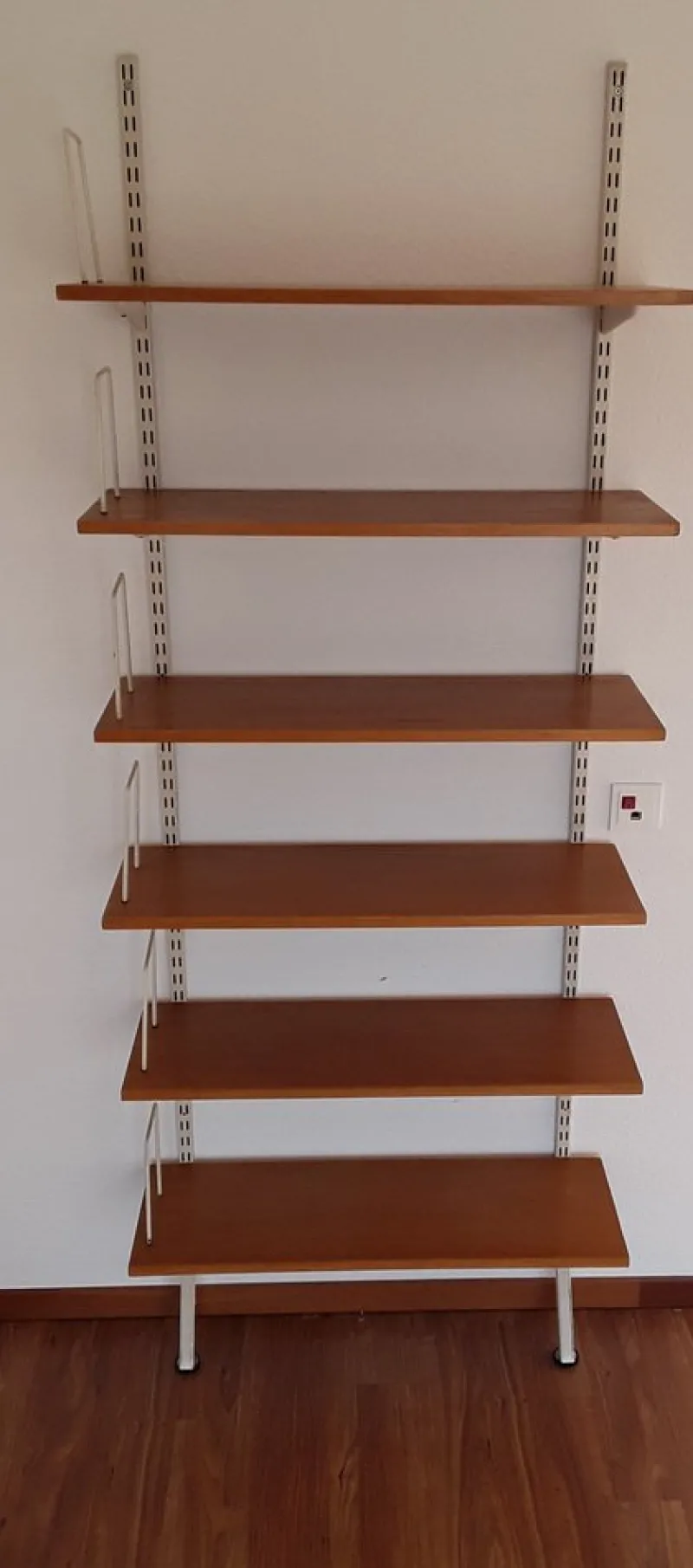 Hot Pamono Mid-Century Minimalist Bookcase with Adjustable Shelves in Yellow-Brown Wood and Book Supports for White Painted Iron Frame from Sparrings