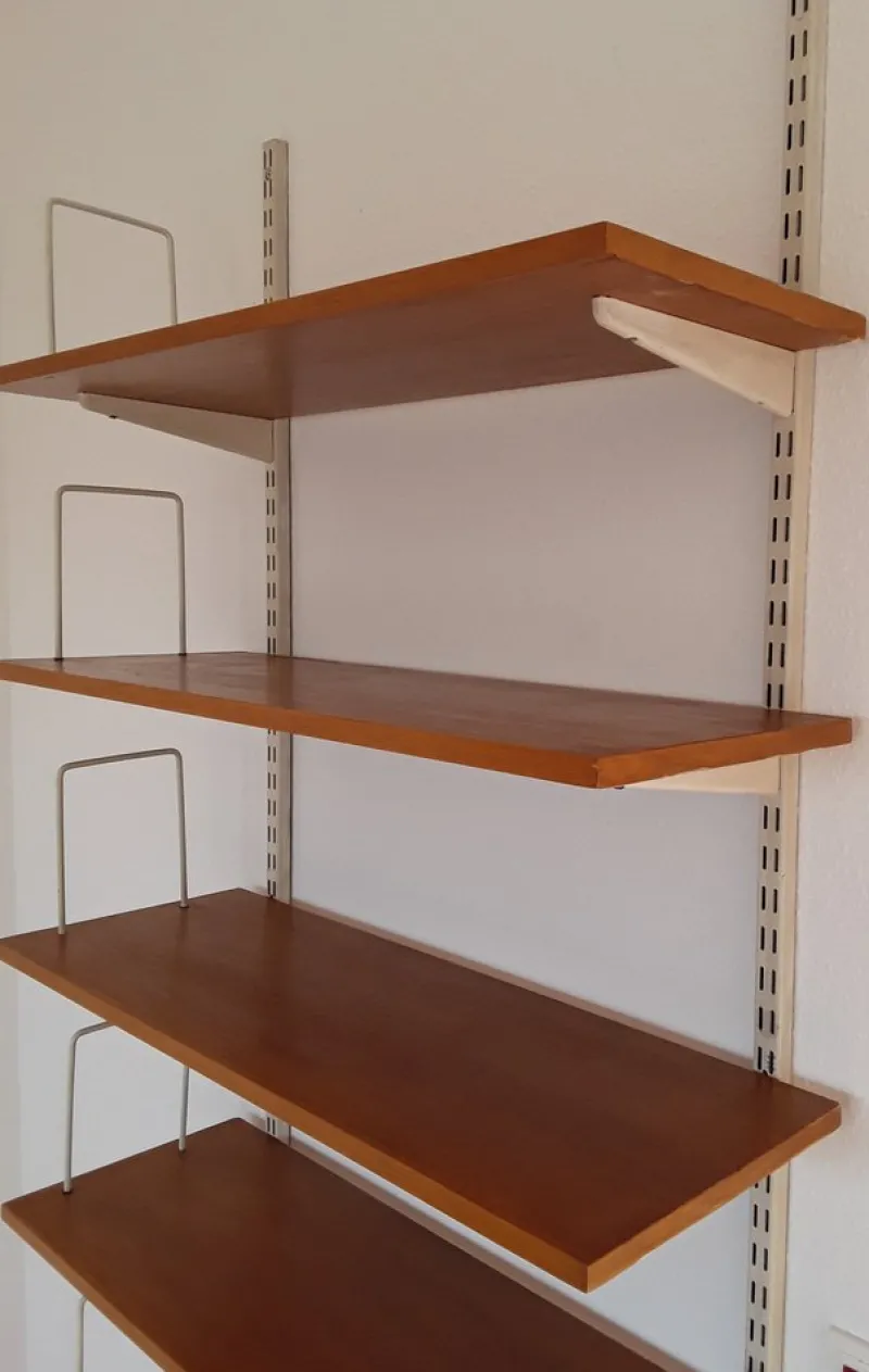 Hot Pamono Mid-Century Minimalist Bookcase with Adjustable Shelves in Yellow-Brown Wood and Book Supports for White Painted Iron Frame from Sparrings
