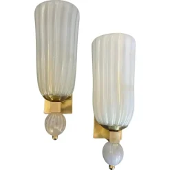 New Pamono Mid-Century Modern Brass and Murano Glass Wall Sconces in the style of Barovier, 1990s, Set of 2