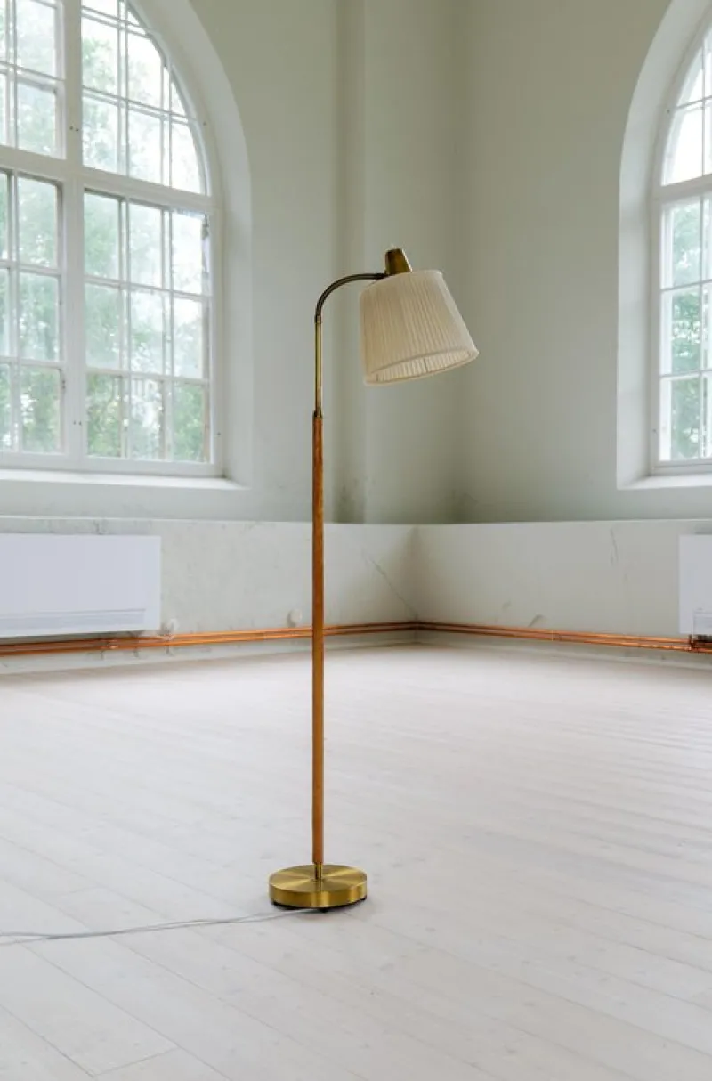 Pamono Mid-Century Modern Brass and Brown Leather Floor Lamp from Falkenbergs Belysning, Sweden, 1960s> Floor Lamps