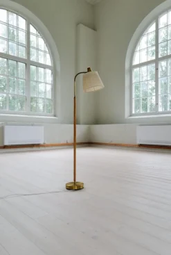 Pamono Mid-Century Modern Brass and Brown Leather Floor Lamp from Falkenbergs Belysning, Sweden, 1960s><noscript><img width=