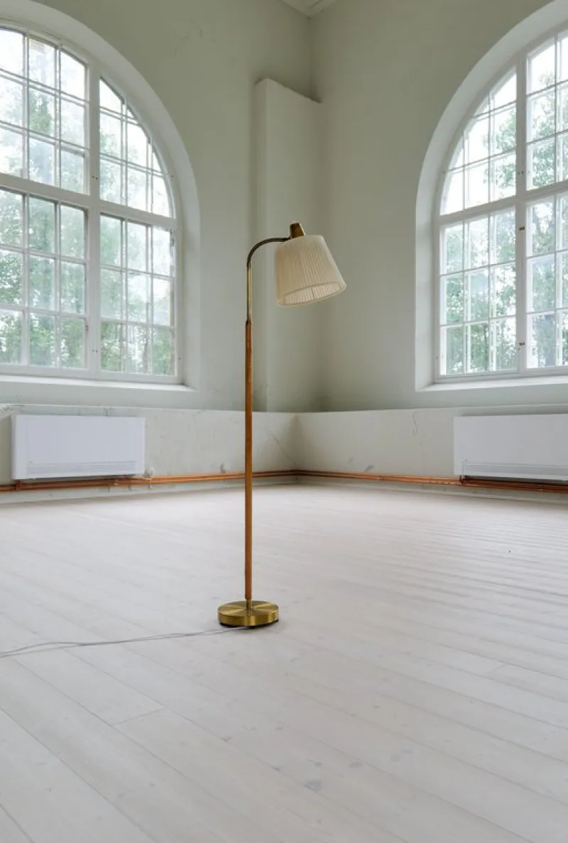 Pamono Mid-Century Modern Brass and Brown Leather Floor Lamp from Falkenbergs Belysning, Sweden, 1960s> Floor Lamps