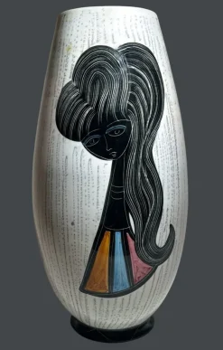 Outlet Pamono Mid-Century Modern Ceramic Vase with Stylized Girl and Geometric Motifs, 1960s