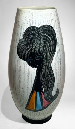 Outlet Pamono Mid-Century Modern Ceramic Vase with Stylized Girl and Geometric Motifs, 1960s