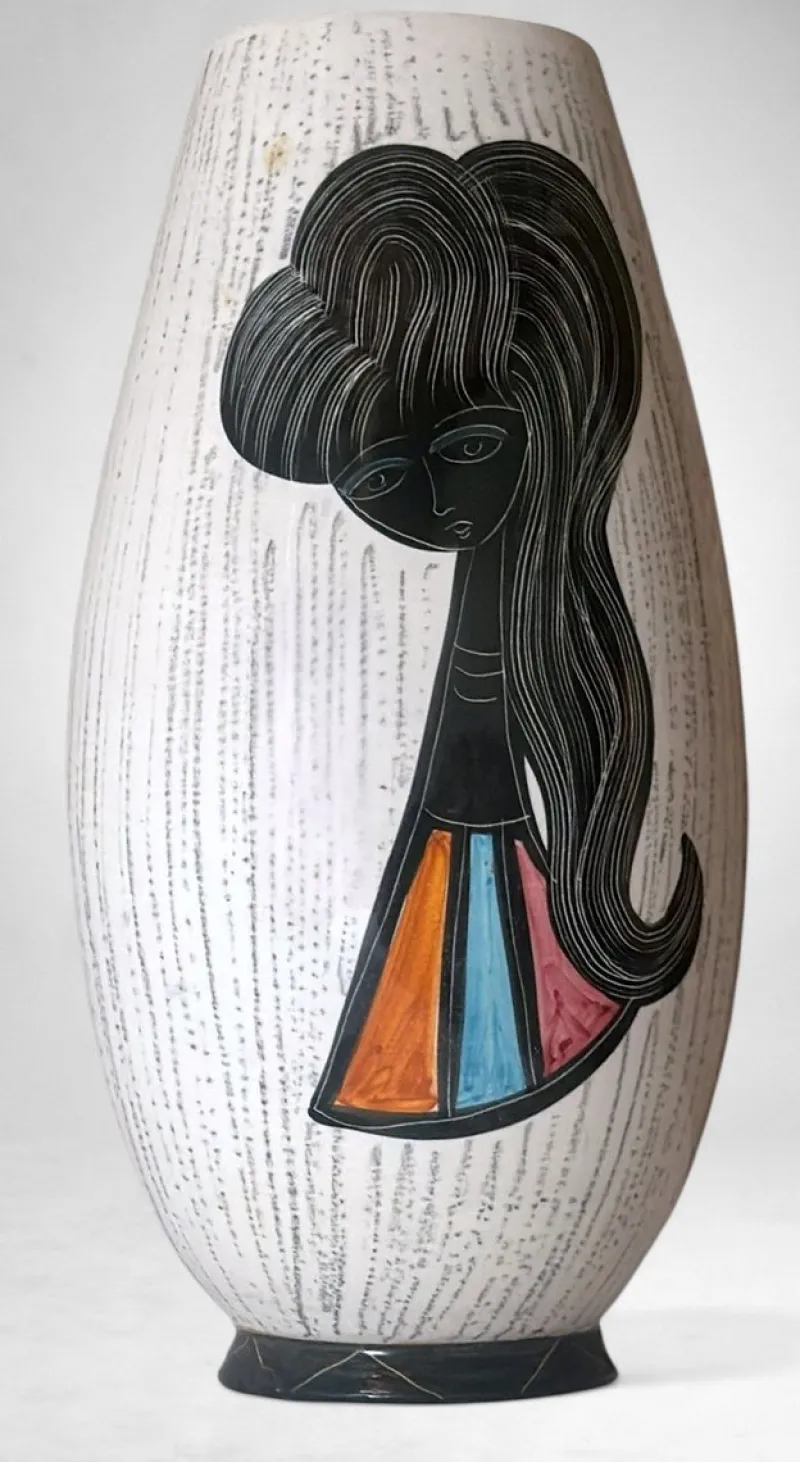 Outlet Pamono Mid-Century Modern Ceramic Vase with Stylized Girl and Geometric Motifs, 1960s