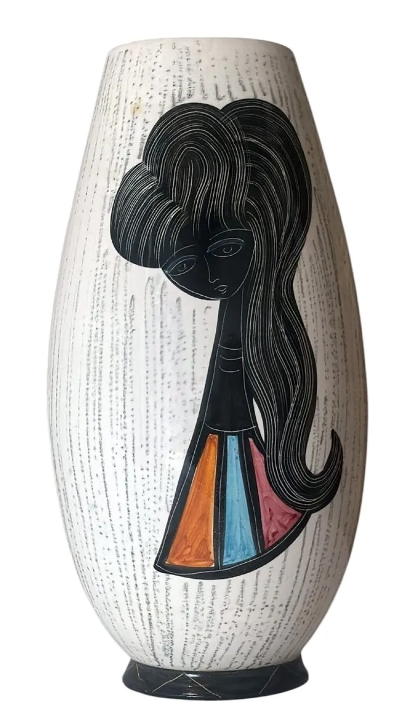 Outlet Pamono Mid-Century Modern Ceramic Vase with Stylized Girl and Geometric Motifs, 1960s