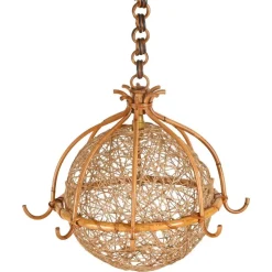Clearance Pamono Midcentury Modern French Riviera Rattan and Wicker Round Pendant with Chain, 1960