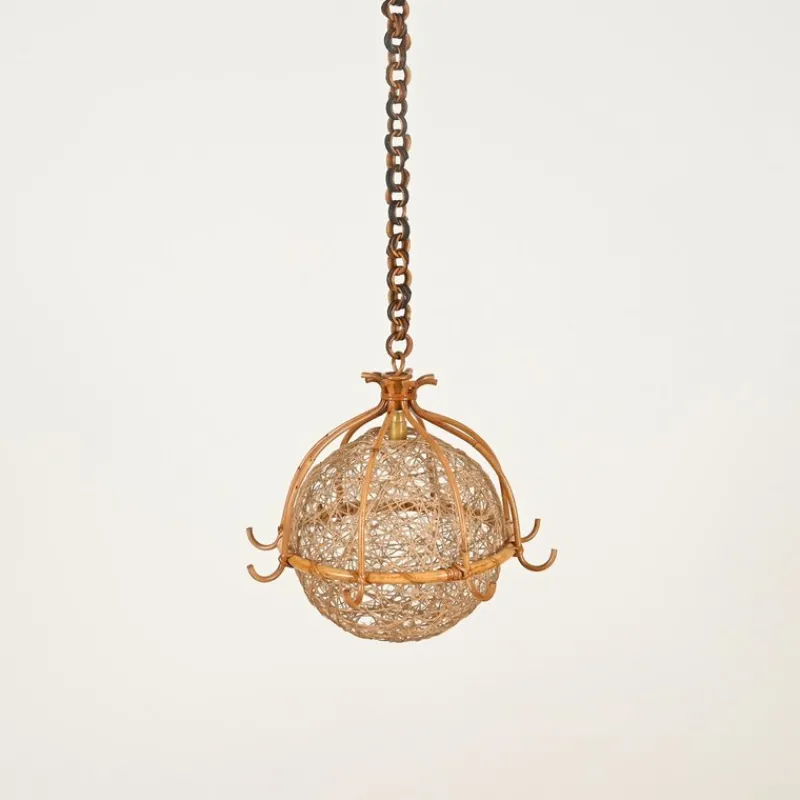 Clearance Pamono Midcentury Modern French Riviera Rattan and Wicker Round Pendant with Chain, 1960