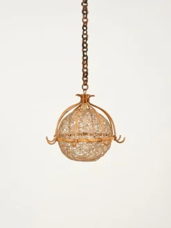 Clearance Pamono Midcentury Modern French Riviera Rattan and Wicker Round Pendant with Chain, 1960
