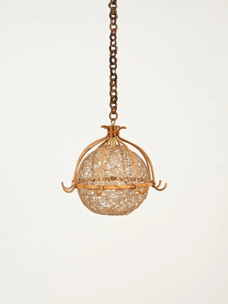 Clearance Pamono Midcentury Modern French Riviera Rattan and Wicker Round Pendant with Chain, 1960