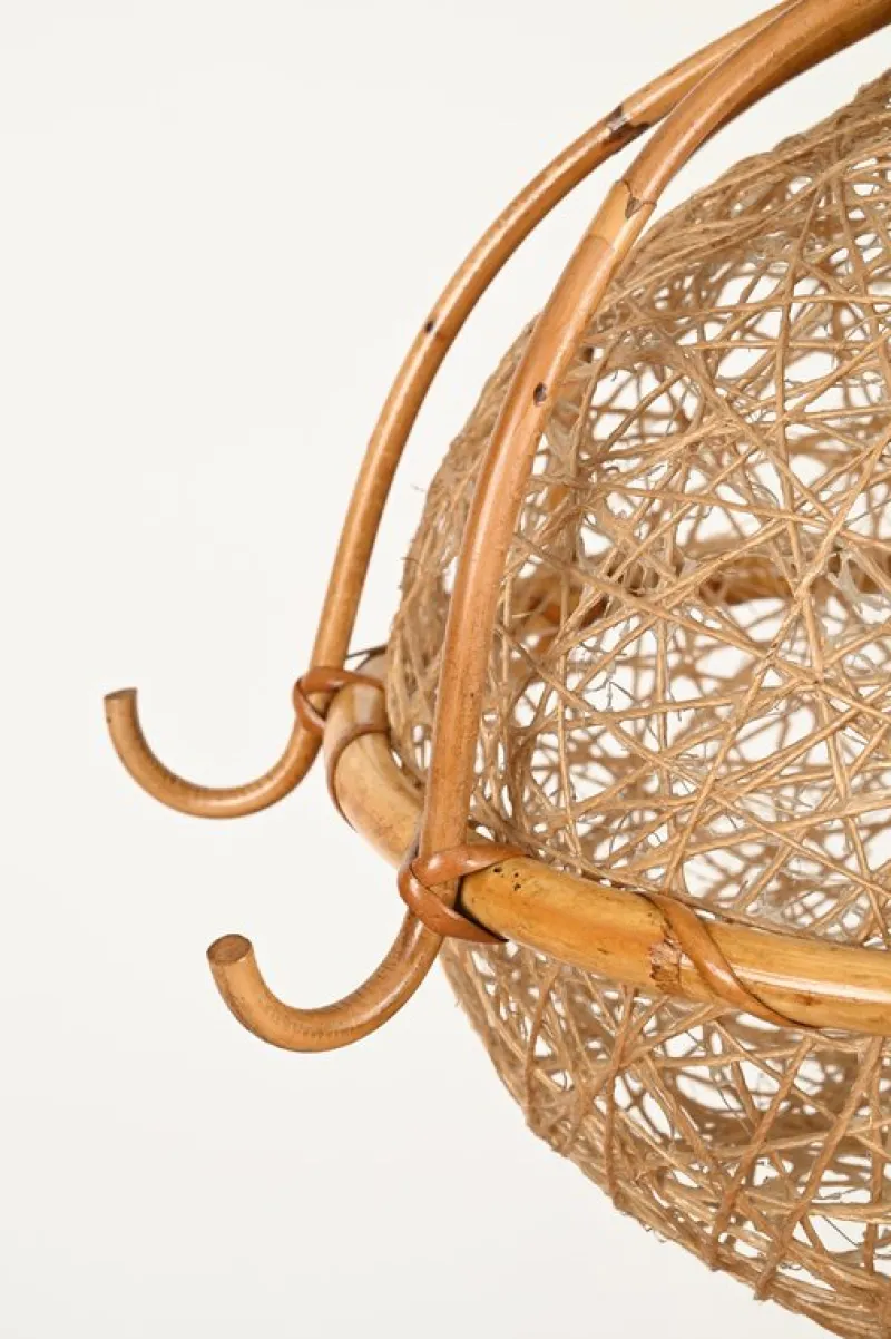 Clearance Pamono Midcentury Modern French Riviera Rattan and Wicker Round Pendant with Chain, 1960