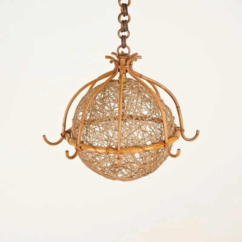 Clearance Pamono Midcentury Modern French Riviera Rattan and Wicker Round Pendant with Chain, 1960