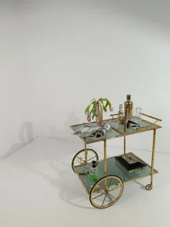 Pamono Mid-Century Modern Gilded Brass Faux Bamboo Bar Cart with Removable Tray Top, 1970s> Serving Bar Carts & Trolleys