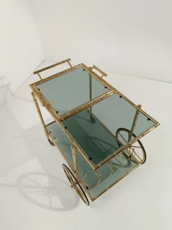 Pamono Mid-Century Modern Gilded Brass Faux Bamboo Bar Cart with Removable Tray Top, 1970s><noscript><img width=