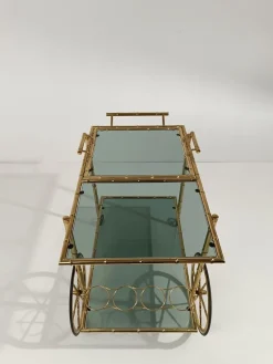 Pamono Mid-Century Modern Gilded Brass Faux Bamboo Bar Cart with Removable Tray Top, 1970s><noscript><img width=