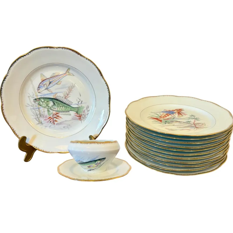 Online Pamono Mid-Century Modern Hand-Painted Fish Service by S.F.P. for Limoges, 1950, Set of 13