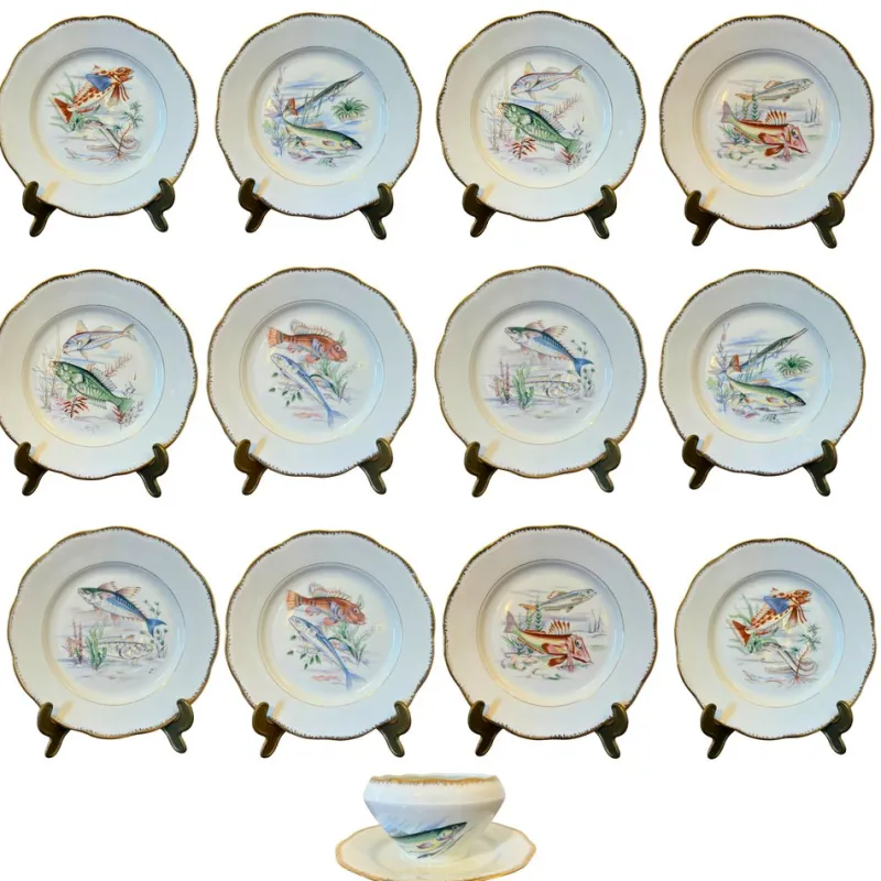 Online Pamono Mid-Century Modern Hand-Painted Fish Service by S.F.P. for Limoges, 1950, Set of 13