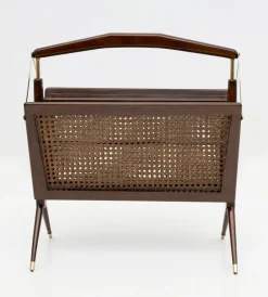 Pamono Mid-Century Modern Italian Wicker and Brass Magazine Rack by Cesare Lacca, 1950s> Magazine Racks