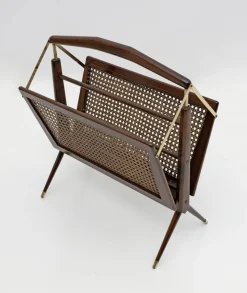 Pamono Mid-Century Modern Italian Wicker and Brass Magazine Rack by Cesare Lacca, 1950s><noscript><img width=