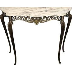 Pamono Mid-Century Modern Italian Brass Demilune Console Table with Marble Top, 1950s> Console Tables