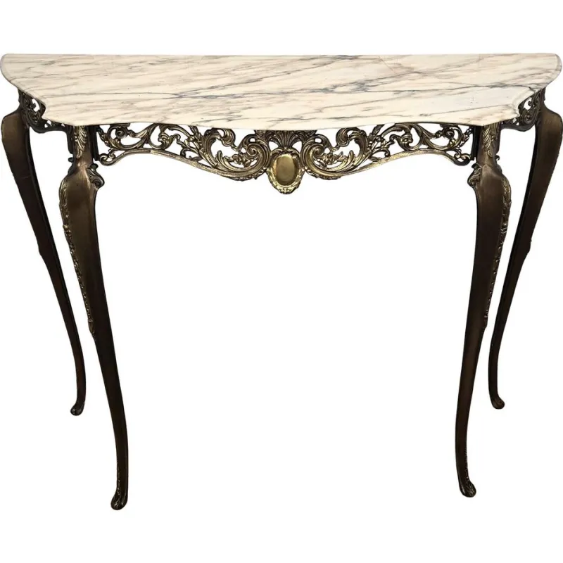 Pamono Mid-Century Modern Italian Brass Demilune Console Table with Marble Top, 1950s> Console Tables