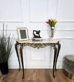 Pamono Mid-Century Modern Italian Brass Demilune Console Table with Marble Top, 1950s> Console Tables