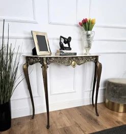 Pamono Mid-Century Modern Italian Brass Demilune Console Table with Marble Top, 1950s><noscript><img width=
