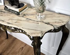 Pamono Mid-Century Modern Italian Brass Demilune Console Table with Marble Top, 1950s><noscript><img width=