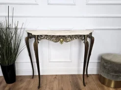 Pamono Mid-Century Modern Italian Brass Demilune Console Table with Marble Top, 1950s><noscript><img width=