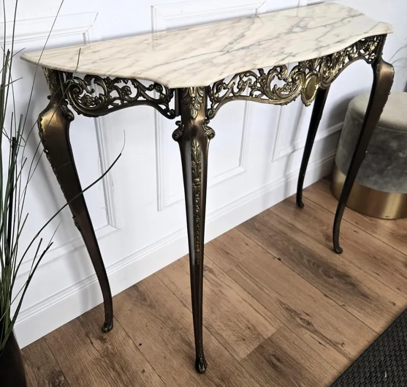 Pamono Mid-Century Modern Italian Brass Demilune Console Table with Marble Top, 1950s> Console Tables