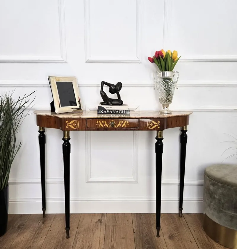 Pamono Mid-Century Modern Italian Black Wood and Brass Console Table with Marble Top, 1950s> Console Tables