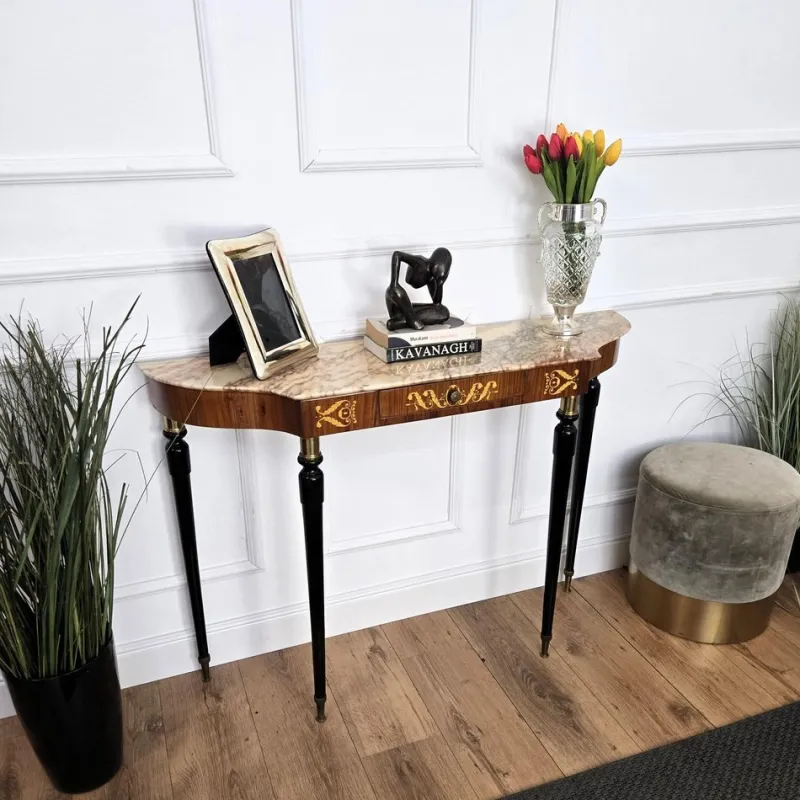 Pamono Mid-Century Modern Italian Black Wood and Brass Console Table with Marble Top, 1950s> Console Tables