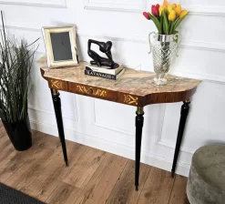 Pamono Mid-Century Modern Italian Black Wood and Brass Console Table with Marble Top, 1950s><noscript><img width=