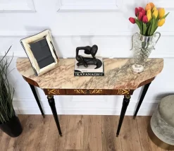 Pamono Mid-Century Modern Italian Black Wood and Brass Console Table with Marble Top, 1950s><noscript><img width=