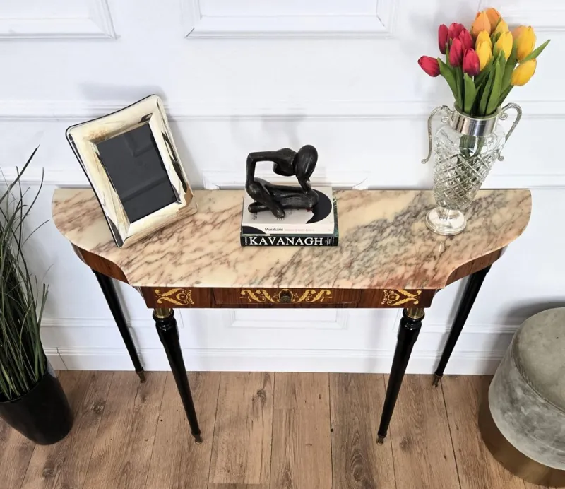 Pamono Mid-Century Modern Italian Black Wood and Brass Console Table with Marble Top, 1950s> Console Tables