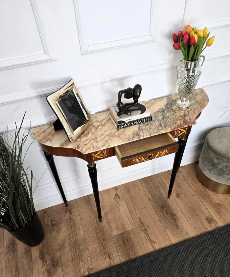 Pamono Mid-Century Modern Italian Black Wood and Brass Console Table with Marble Top, 1950s> Console Tables