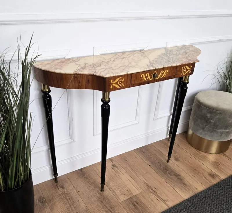 Pamono Mid-Century Modern Italian Black Wood and Brass Console Table with Marble Top, 1950s> Console Tables