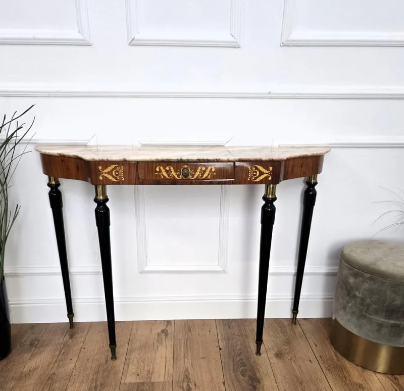 Pamono Mid-Century Modern Italian Black Wood and Brass Console Table with Marble Top, 1950s> Console Tables