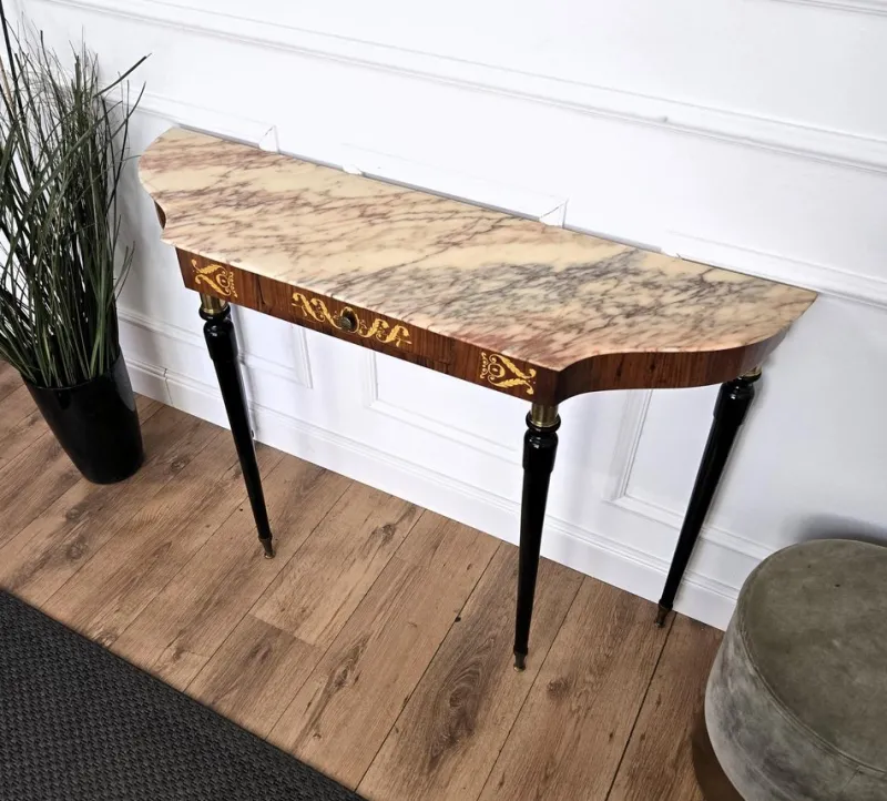 Pamono Mid-Century Modern Italian Black Wood and Brass Console Table with Marble Top, 1950s> Console Tables
