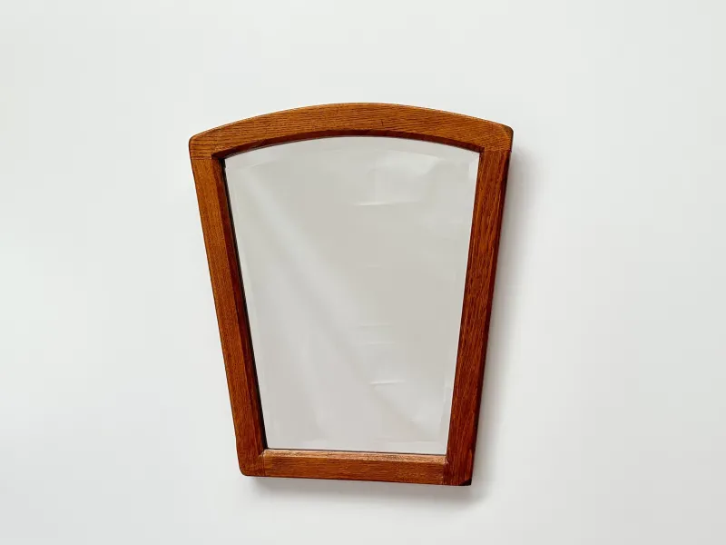 Pamono Mid-Century Modern Oak Wall Mirror with Beveled Glass and Arched Top, 1950s> Mirrors