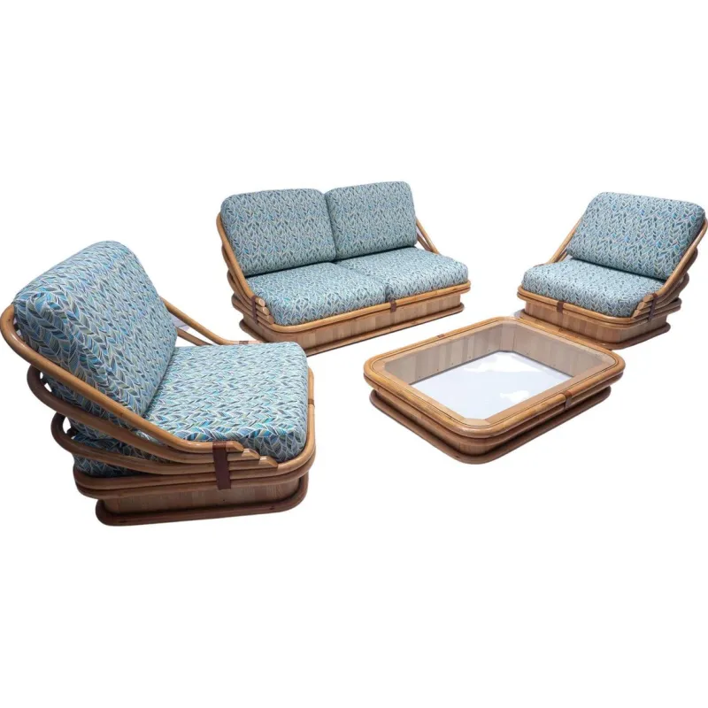 Pamono Mid-Century Modern Rattan Living Room Sofas, Armchair and Coffee Table, Set of 3