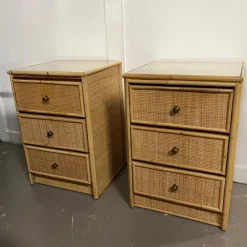 Pamono Mid-Century Modern Rattan Three-Drawer Bedside Tables, Set of 2