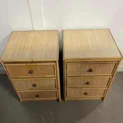 Pamono Mid-Century Modern Rattan Three-Drawer Bedside Tables, Set of 2