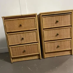 Pamono Mid-Century Modern Rattan Three-Drawer Bedside Tables, Set of 2