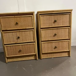 Pamono Mid-Century Modern Rattan Three-Drawer Bedside Tables, Set of 2