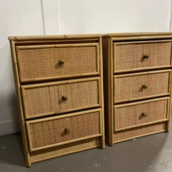 Pamono Mid-Century Modern Rattan Three-Drawer Bedside Tables, Set of 2